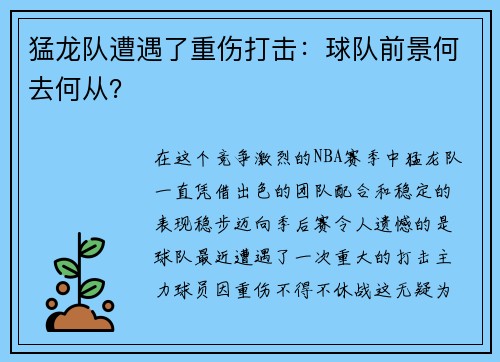 猛龙队遭遇了重伤打击：球队前景何去何从？